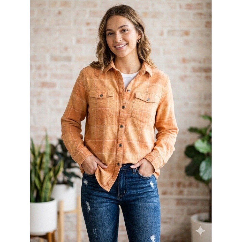 Roxy Women Small Peach Plaid Flannel Button Up Long Sleeve Shirt Top Curved Hem